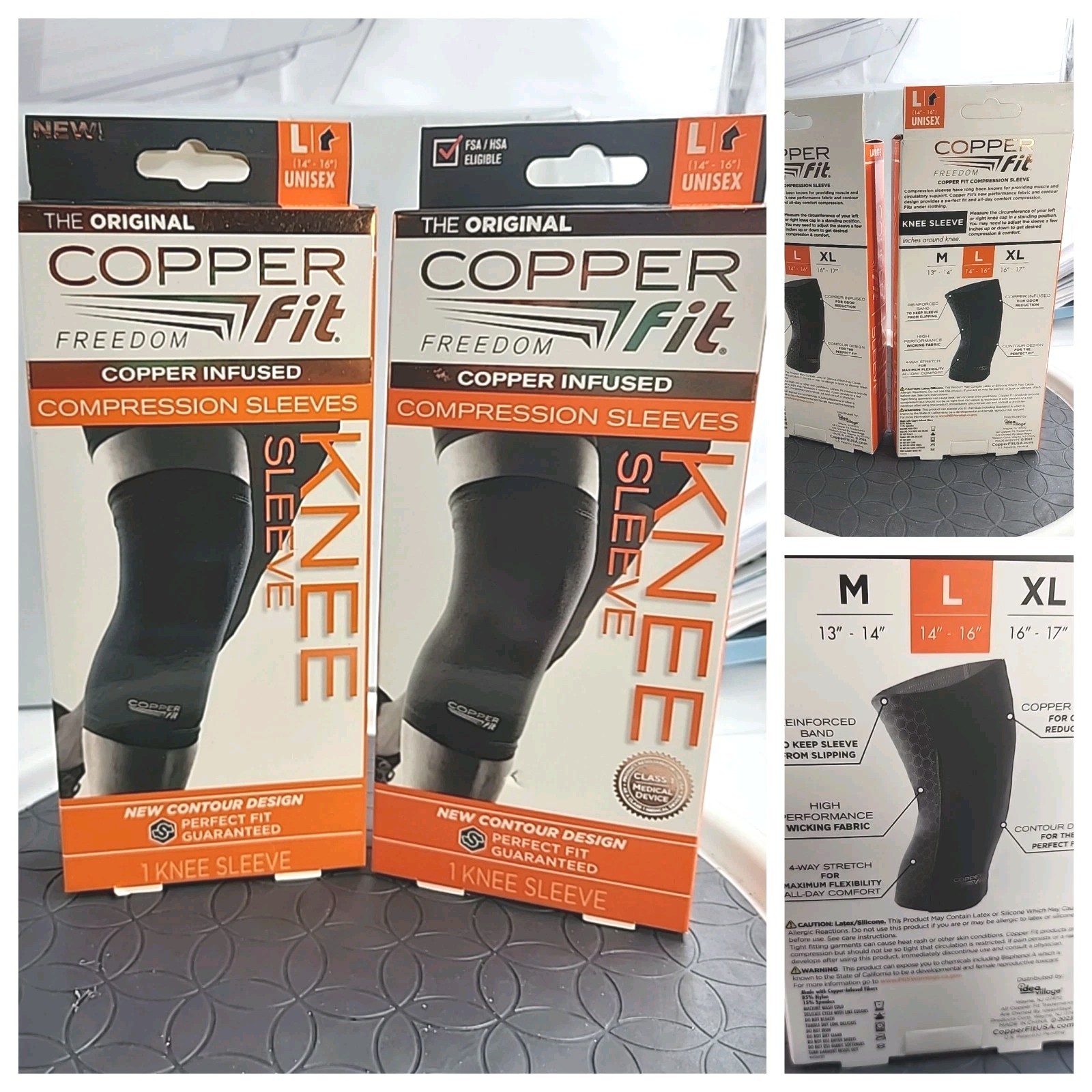 Copper Fit Freedom (Size L) Copper Infused Compression Knee Sleeve New 2 Pack