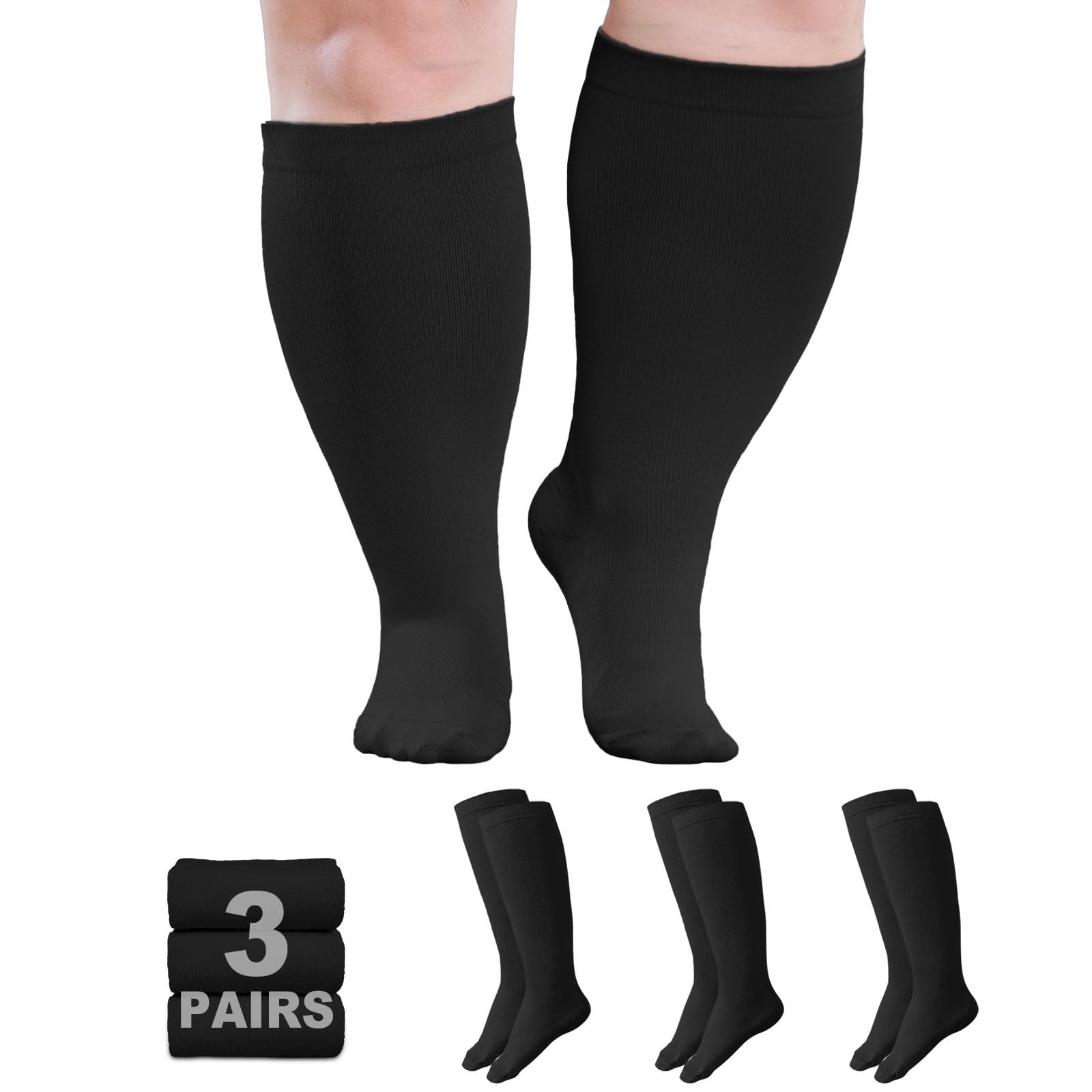 Plus Size Compression Socks 20~30mmHg Wide Calf, 3 Pairs