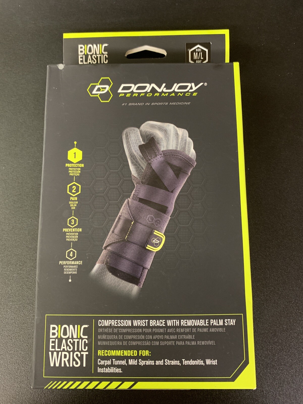 Donjoy Bionic Elastic Compression Right Wrist Brace W/Removable Palm Stay SzM/L