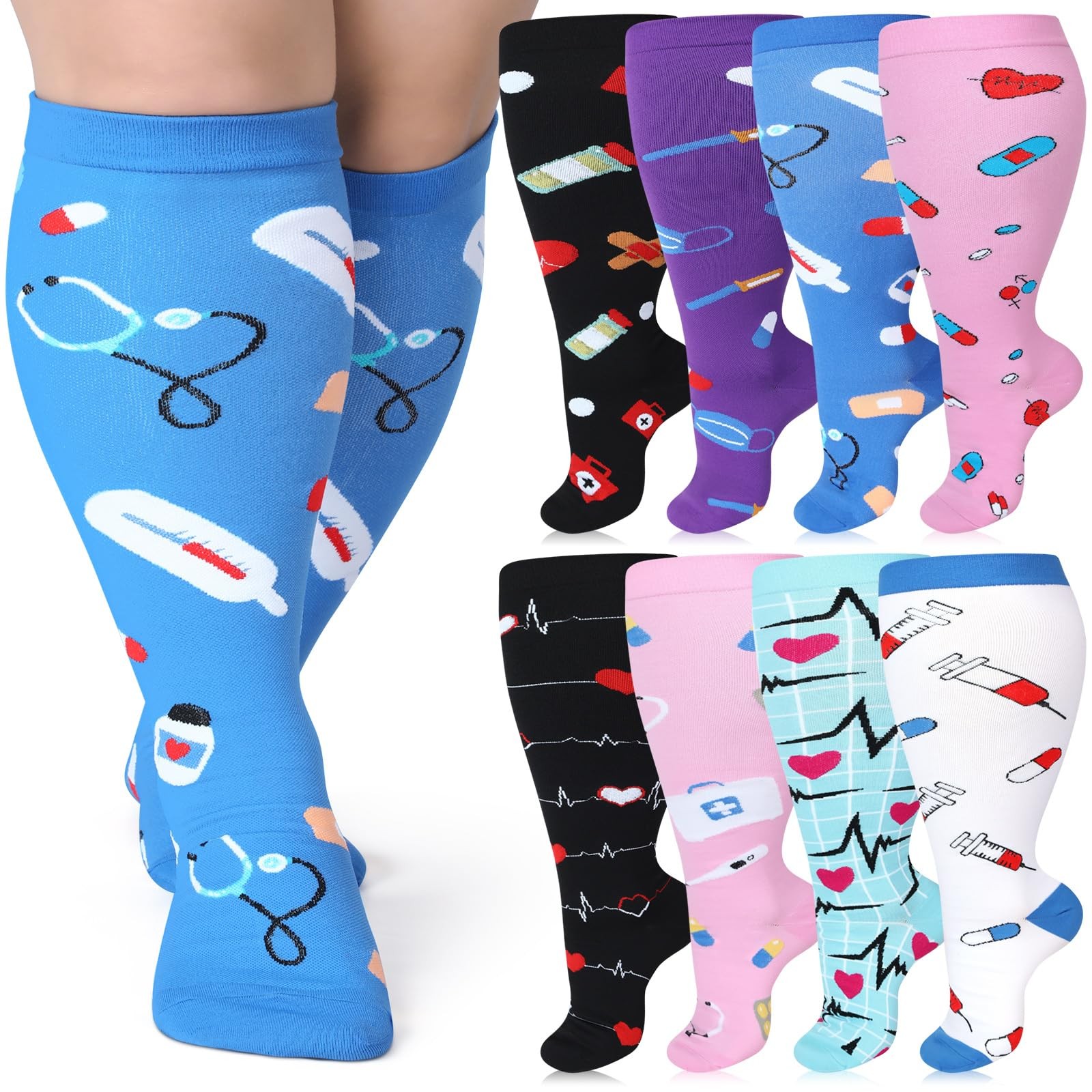 8 Pairs Plus Size Compression Socks Wide Calf Knee High 2030 mmHg Large