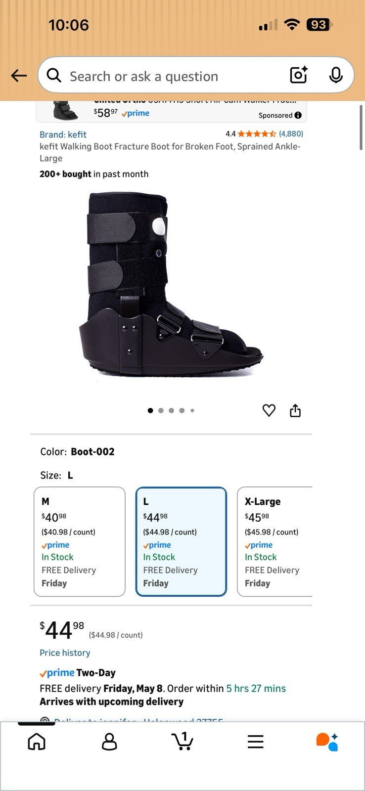 kefit Immobilization Walking Boot for Foot/Ankle Fracture or Sprain, Black L