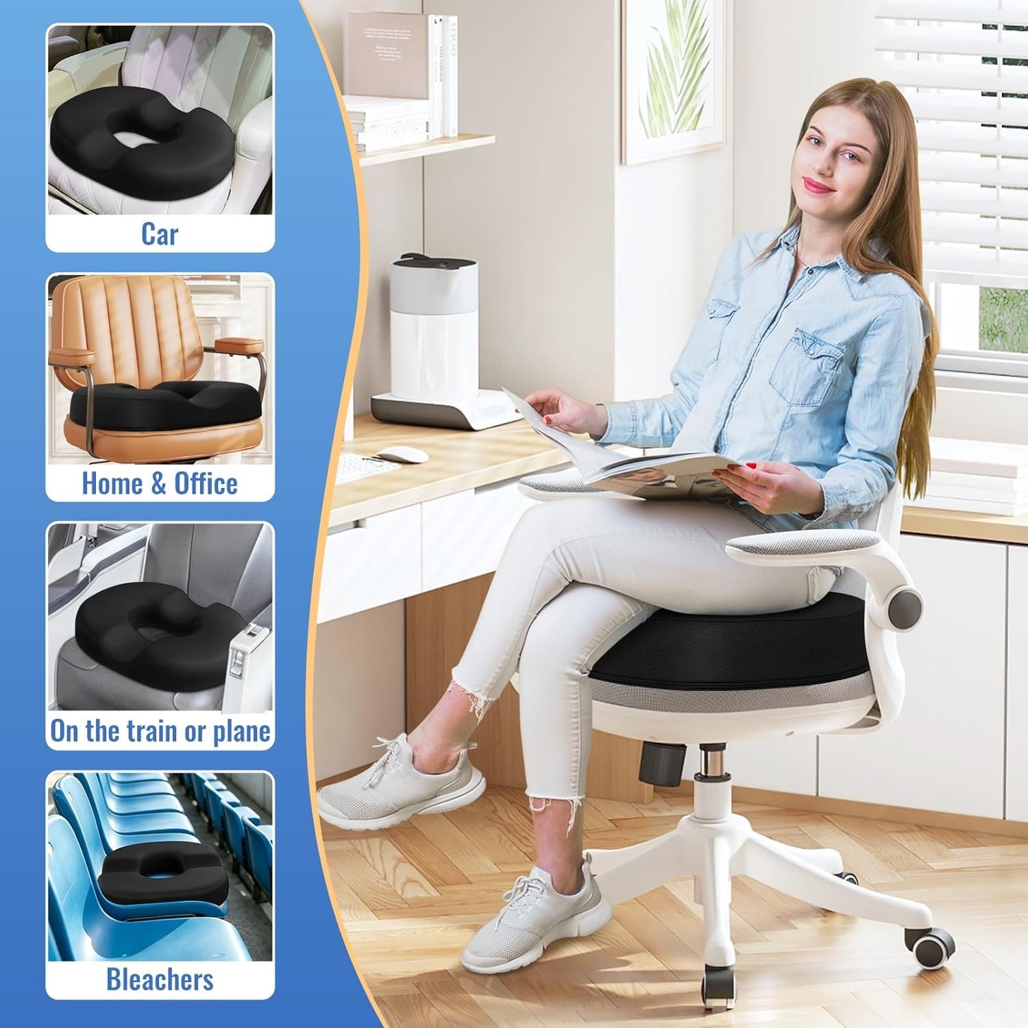 CloudBliss Donut Pillow Memory Foam Seat Cushion Tailbone Relief Black