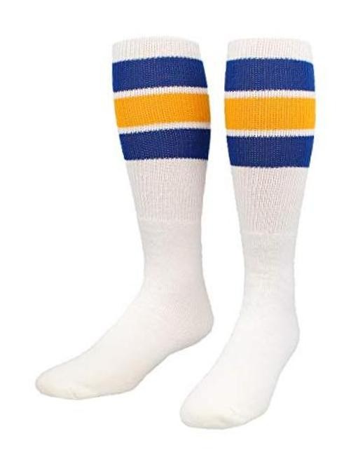 Retro Tube Socks with Stripes for Men & Women – 3 Stripe, Large Royal/Gold