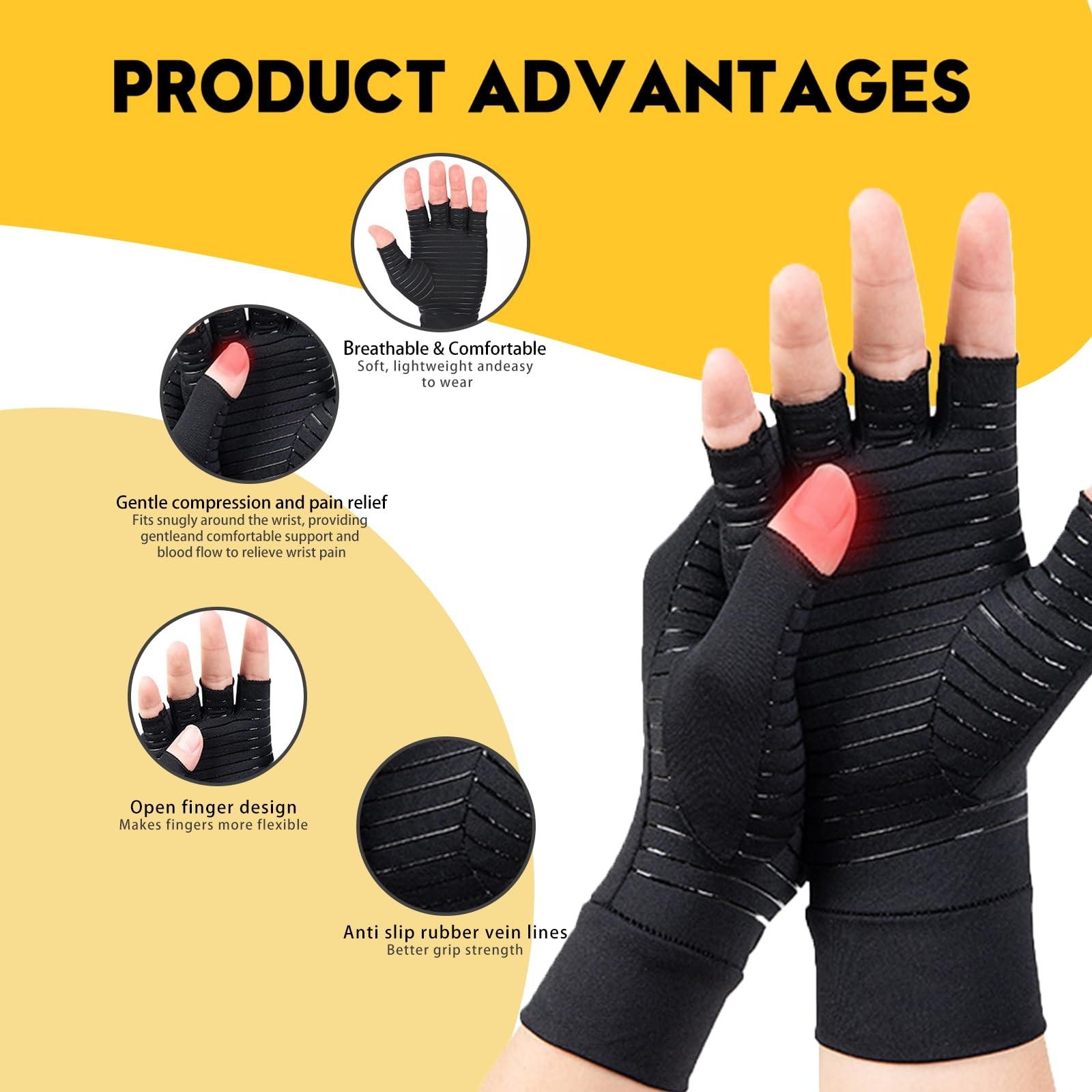Copper Compression Gloves Fingerless Arthritis Pain Relief for Carpal Tunnel