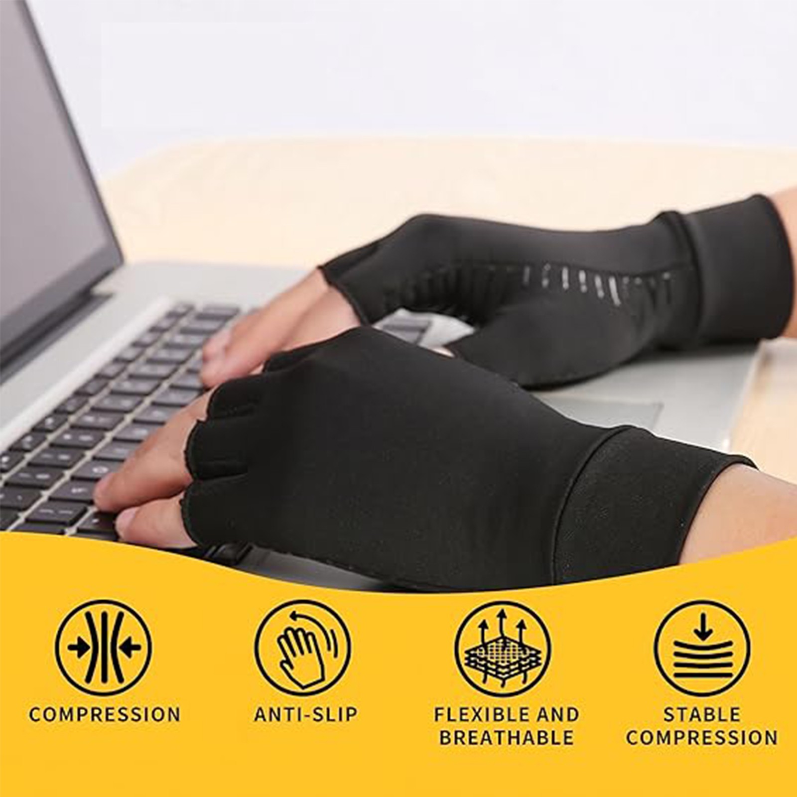 1 Pairs Copper Arthritis Compression Gloves Hand Support Joint Pain Relief Black