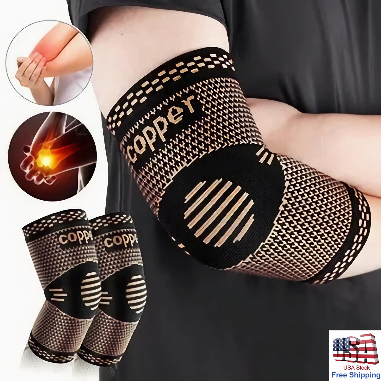 2x Copper Elbow Brace Compression Sleeves for Pain Relief Men Women Arm Support