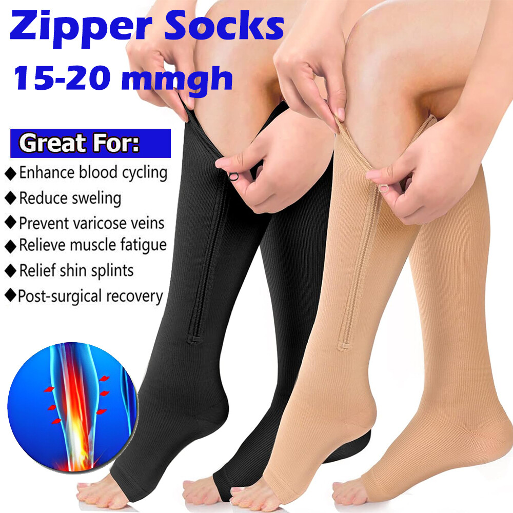 15-20 mmHg Mild Zipper Compression Socks Leg Calf Relief Open Toe Socks For Men