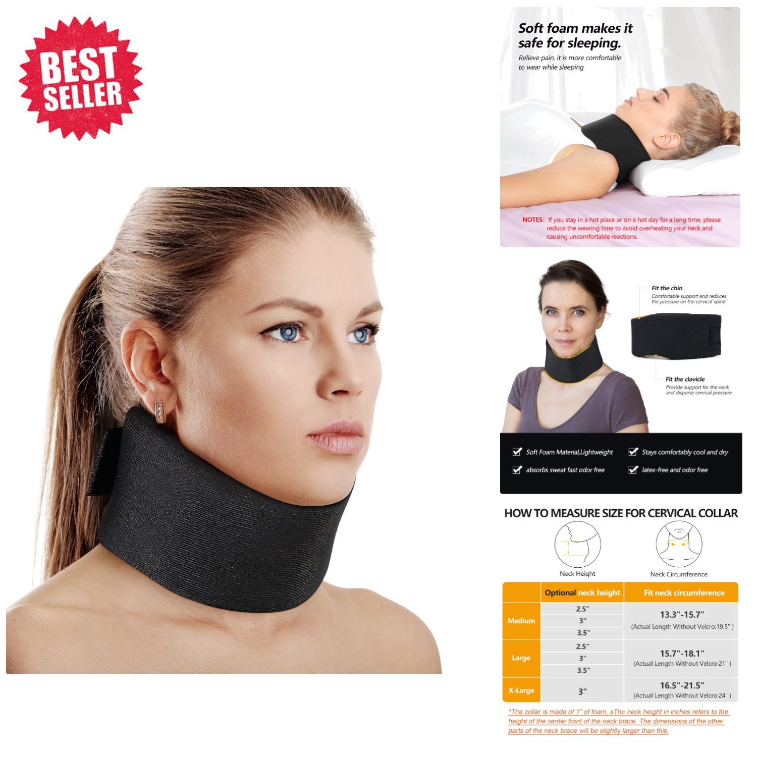2.5″ Depth Soft Foam Neck Brace – Adjustable Cervical Collar for Injury Recovery