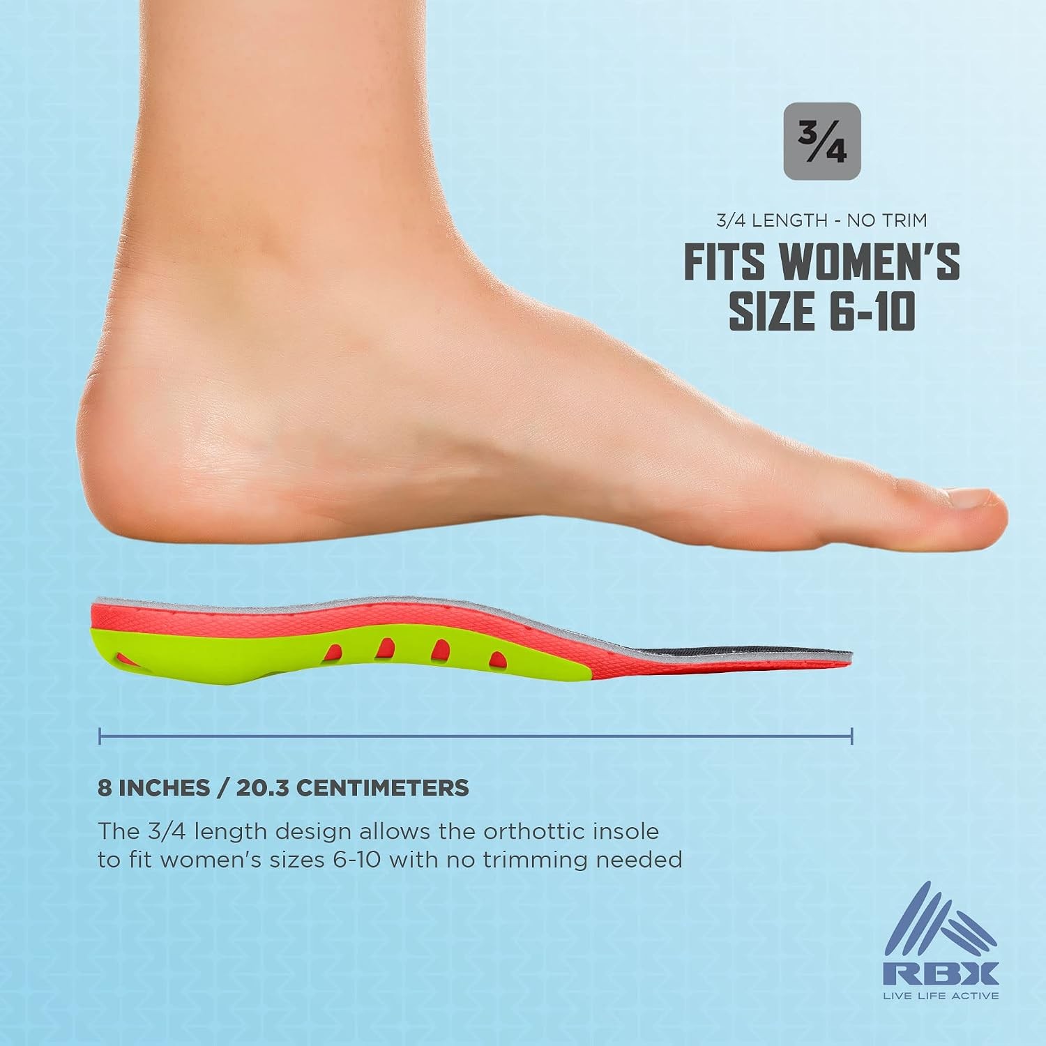 Plantar Fasciitis Ortho Insoles, 3/4 Size for Women (Coral)