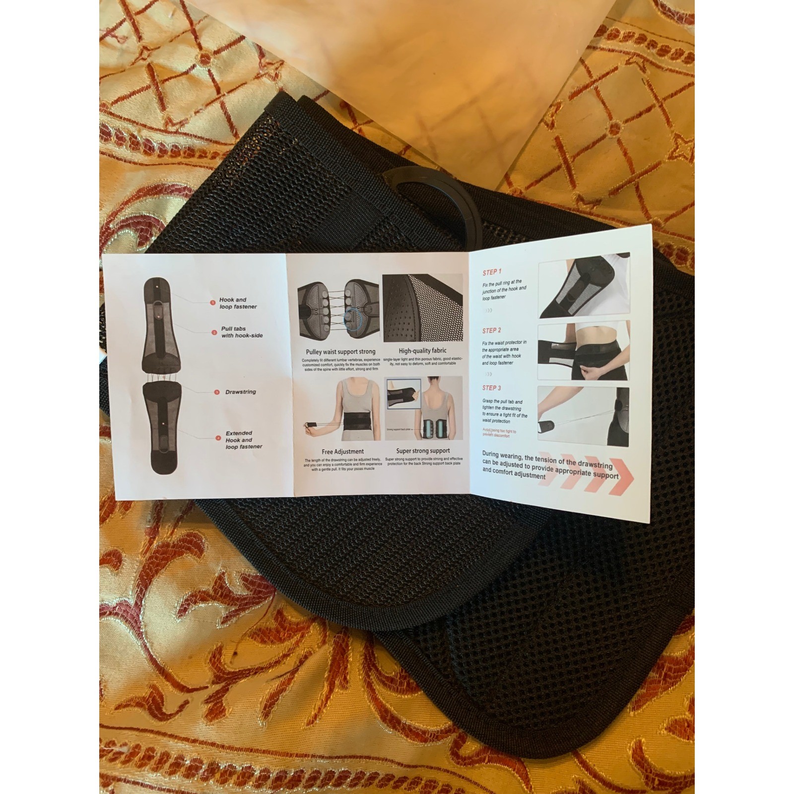 Lumbar Support Back Brace Pulley System Adjustable Mesh Waist Belt Black Small