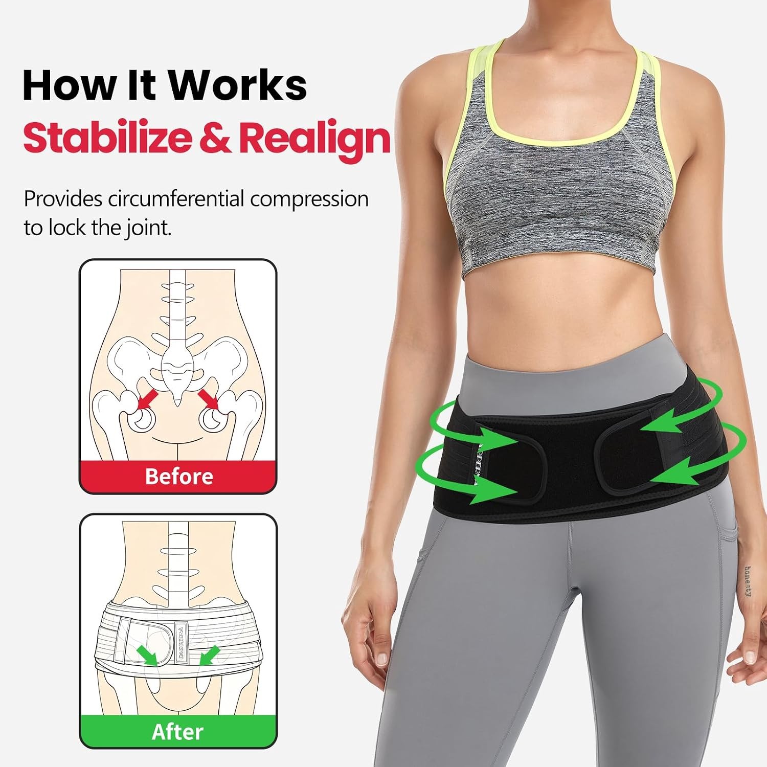 Sacroiliac SI Joint Pain Relief Support Belt Lower Back Hip Belt Black Size