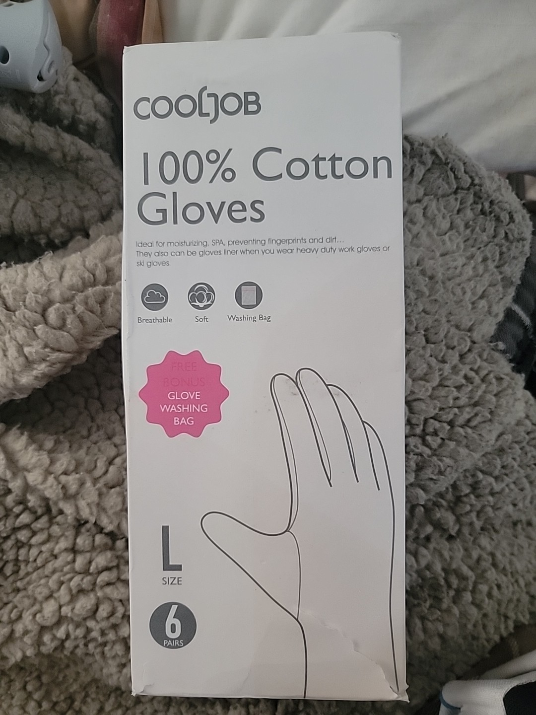 COOLJOB 100% Cotton Gloves & Wash Bag Large 6 Pair Moisturizing SPA