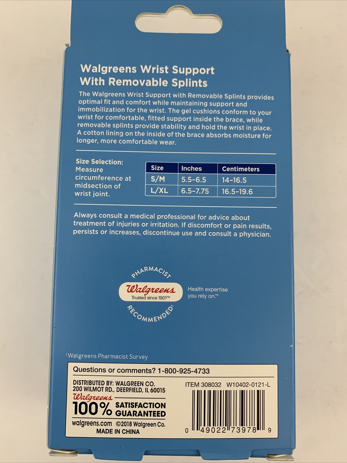 Walgreens Wrist Support w/ Removable Splint Adjustable Fits Left Hand Size L-XL