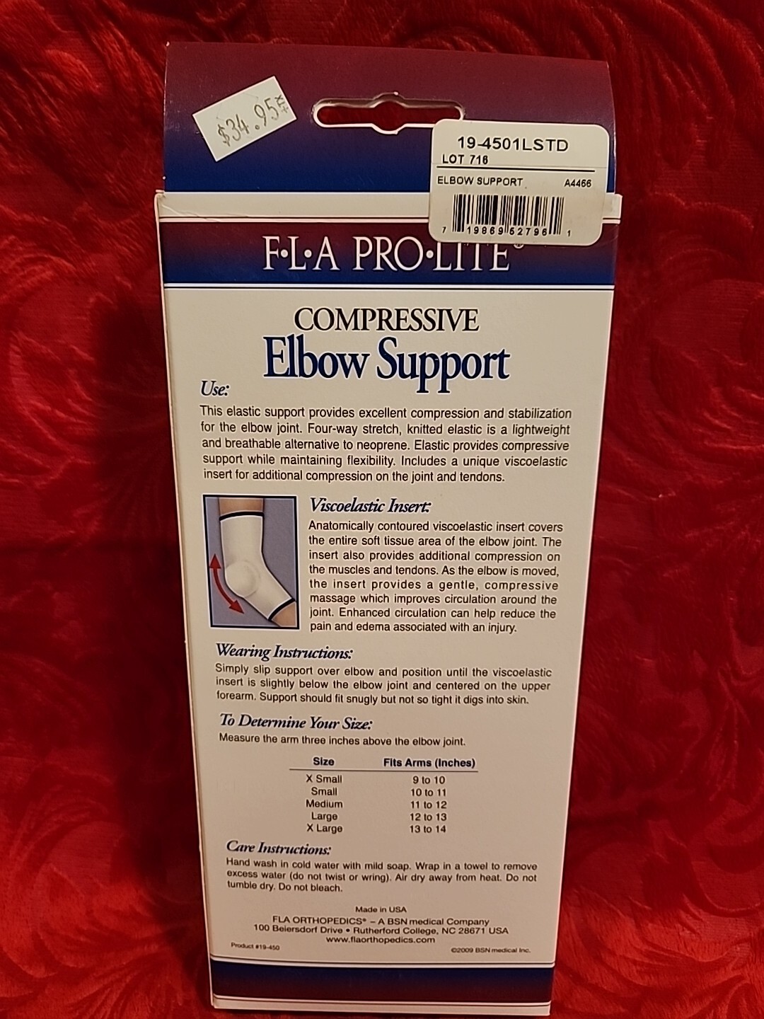 FLA PRO LITE Compressive Elbow Support W/Viscoelastic Insert XL New In Box