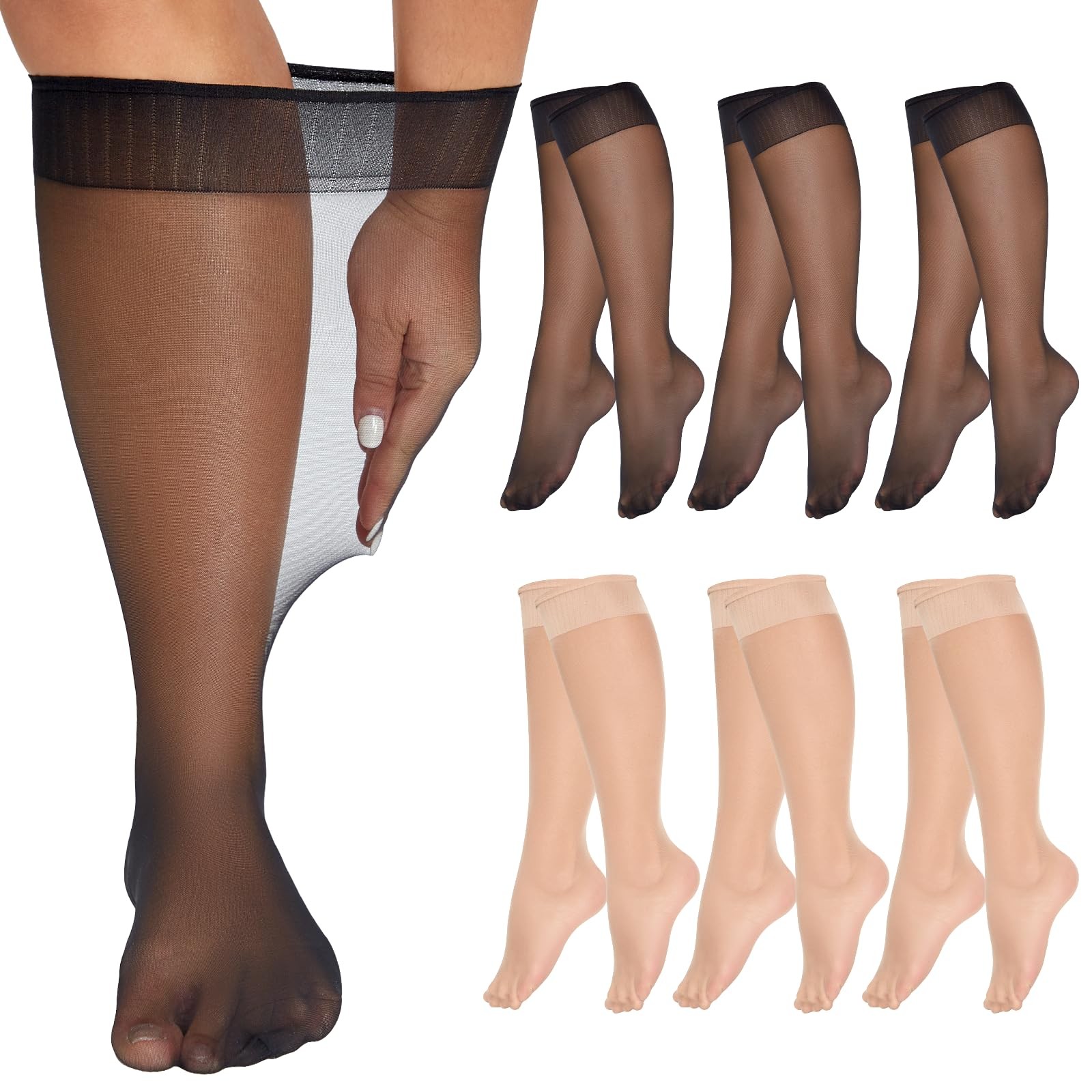 6 Pairs Plus Size Knee Highs for Women 15 Denier Sheer Nylon Socks Knee High