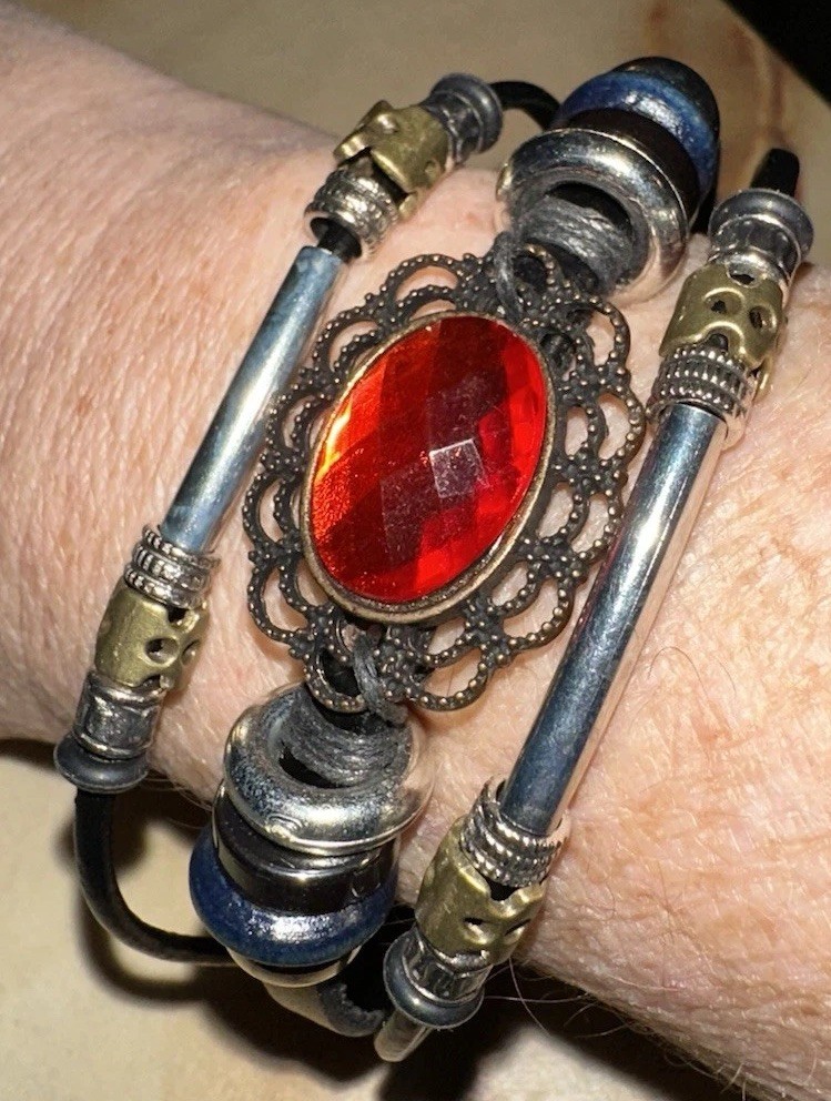 Jewelry Bracelet ~Stacked Synthetic Stone~ Red, Black, Silver• Corded • Beaded