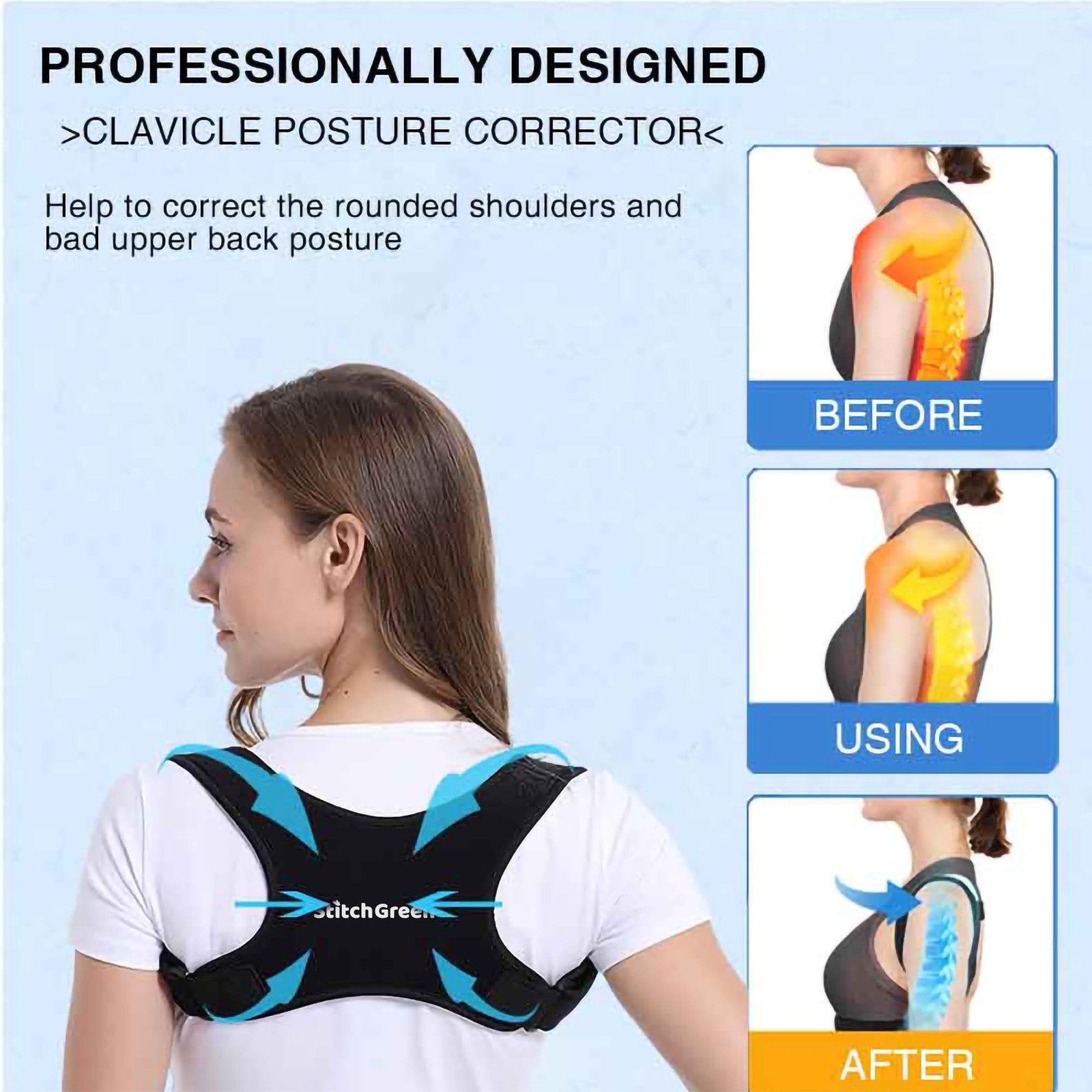 StitchGreen Posture Corrector for Men & Women, One Size, Black