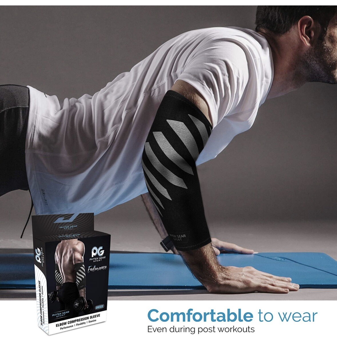 Physix Gear Sport Compression Elbow Sleeve Support Brace Black/Tan OPEN BOX