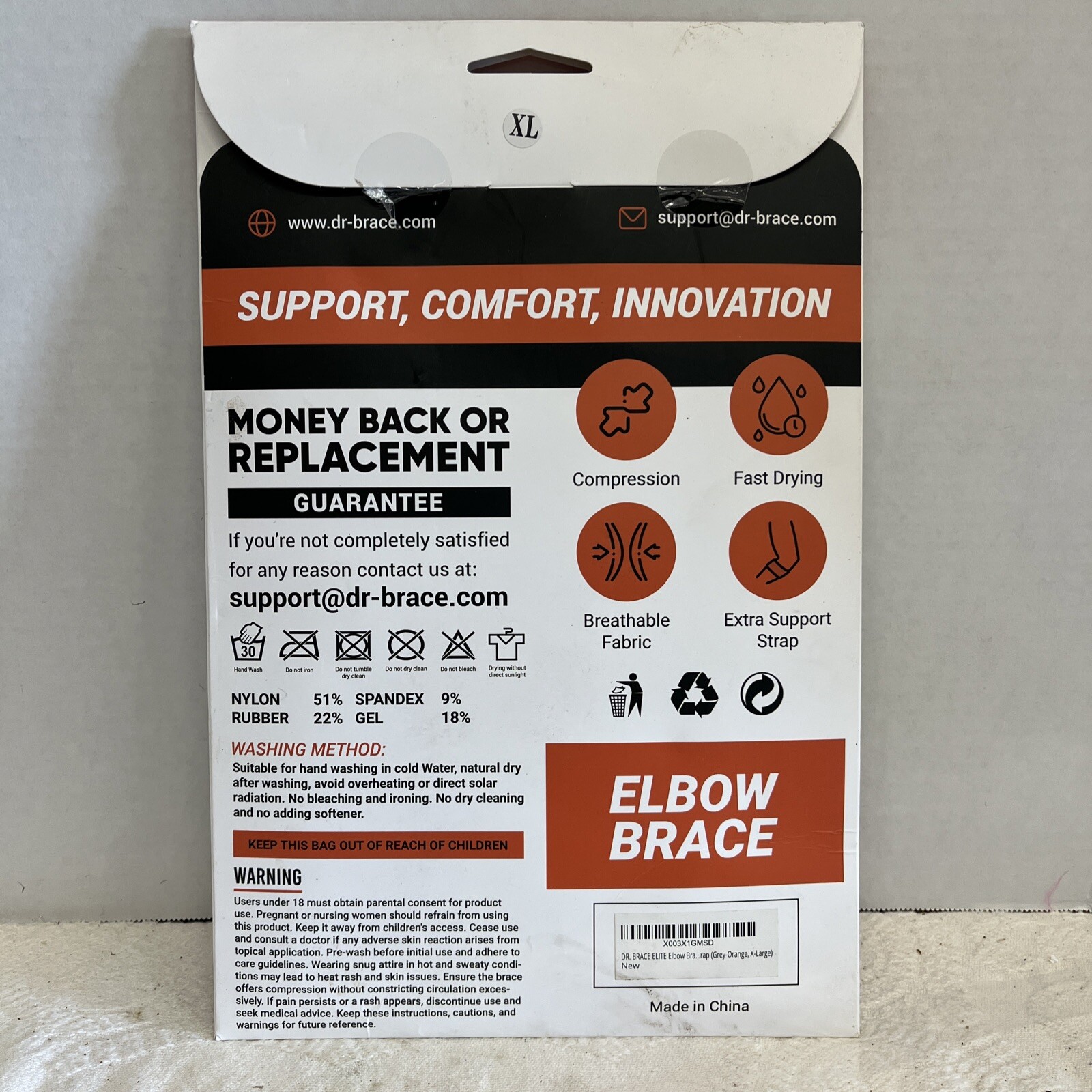 DR. BRACE Gel Padded Elbow Brace w/Removable Strap Compression Pain Relief Large
