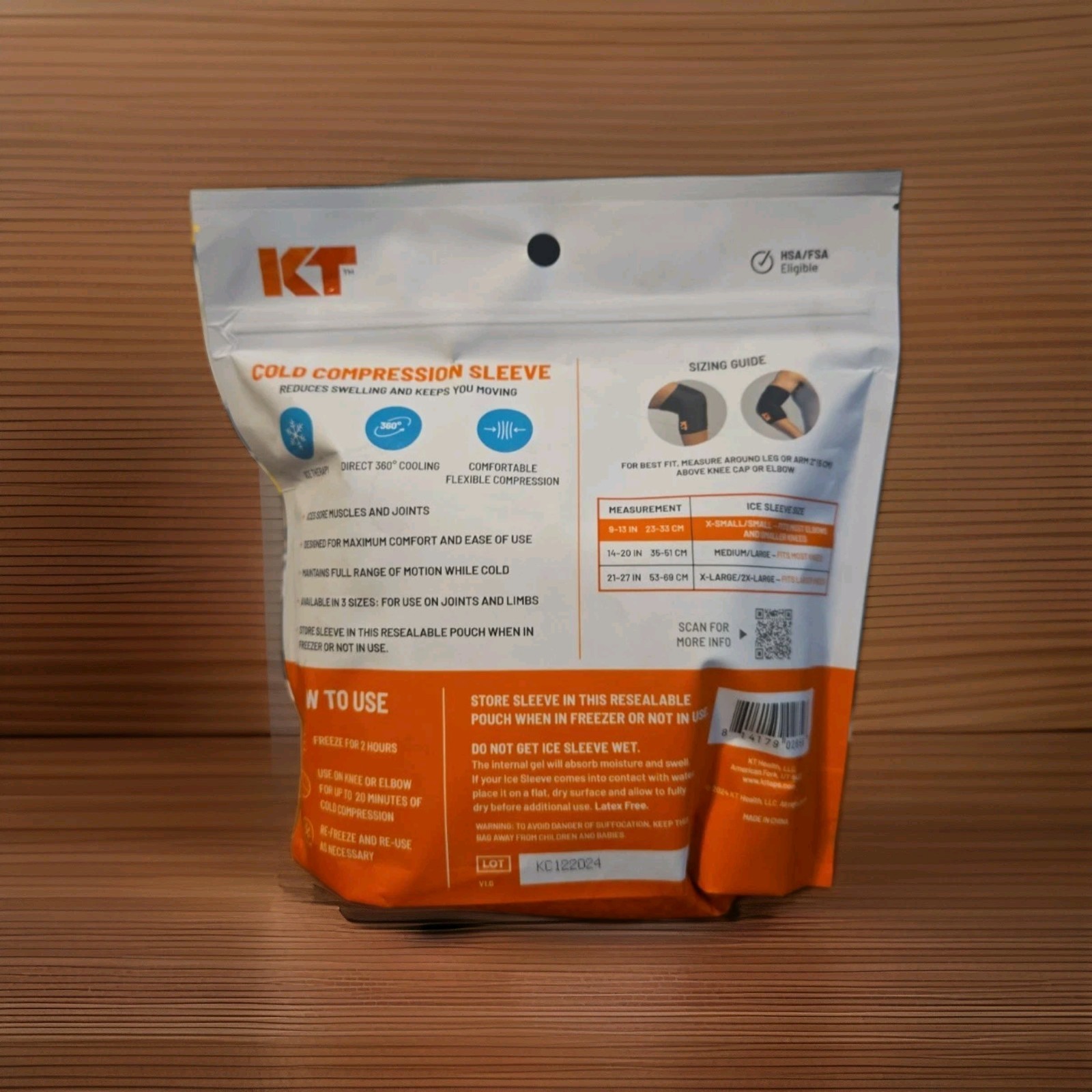 NEW KT Health Ice Gel Sleeve Cold Therapy 360 Cooling Knee Or Elbow, Size XS/S