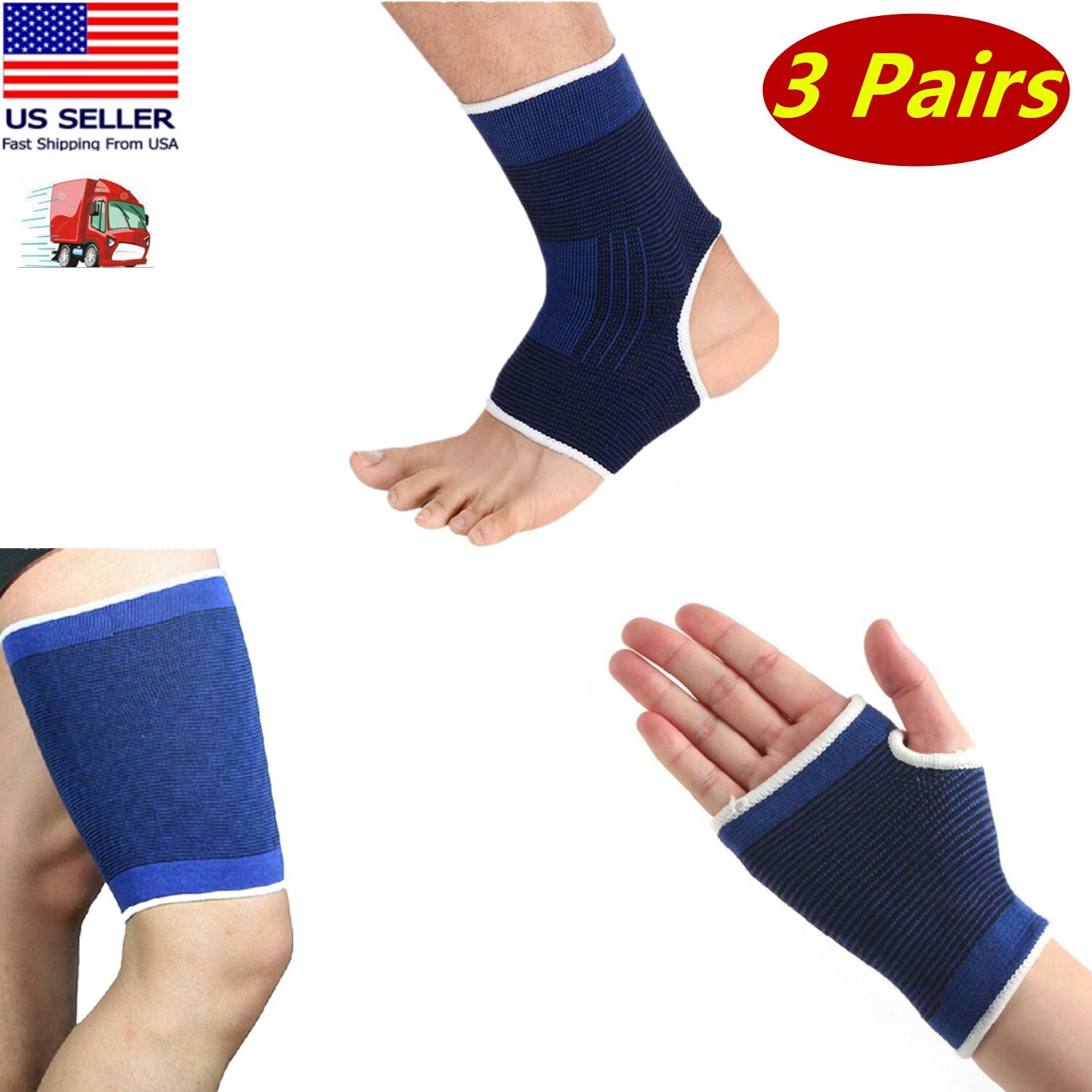 1 Pair Ea Blue Ankle, Thigh, Palm Support Brace Compression Relief, For Sports