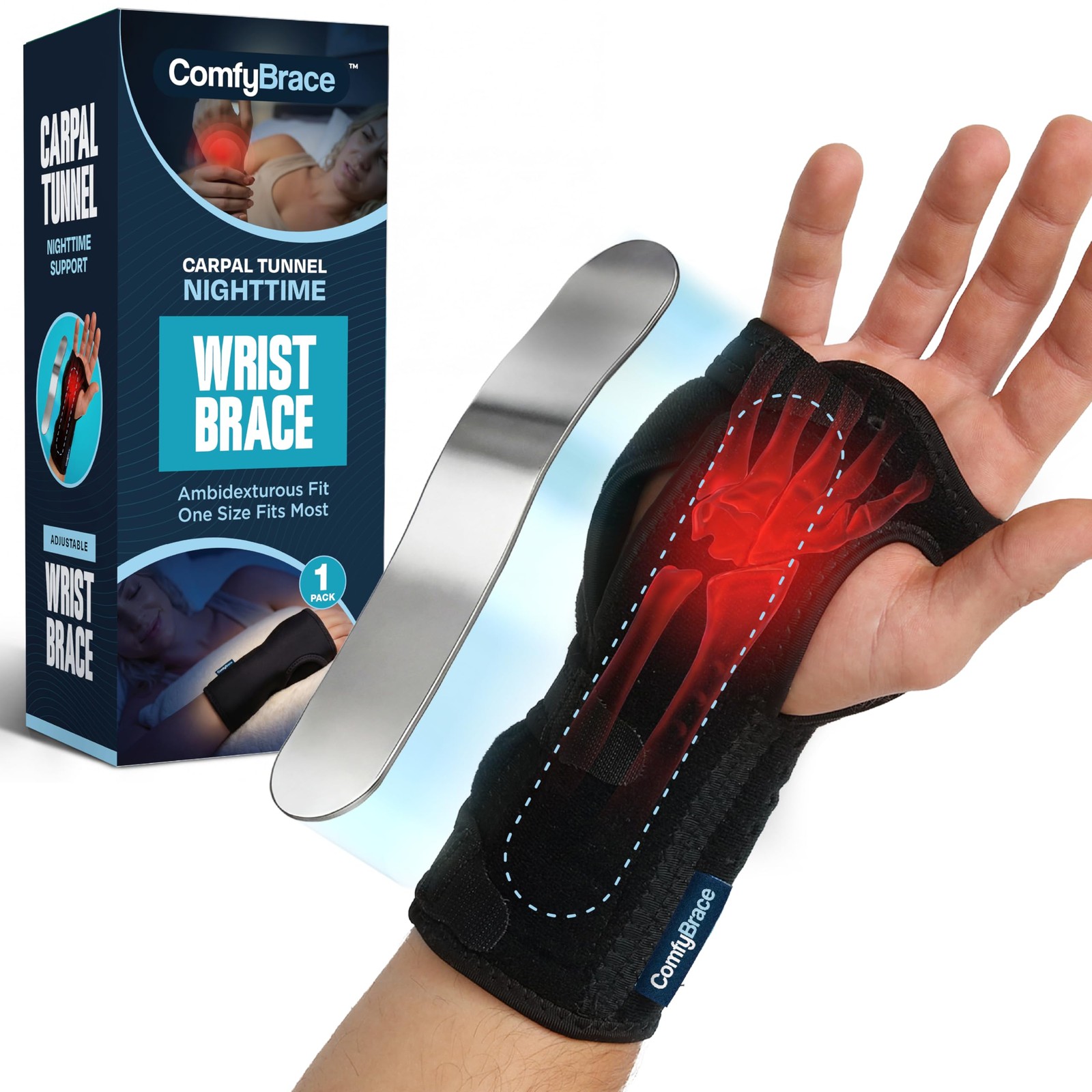 ComfyBrace Nighttime Pain Relief Wrist Brace for Carpal One Size, Black