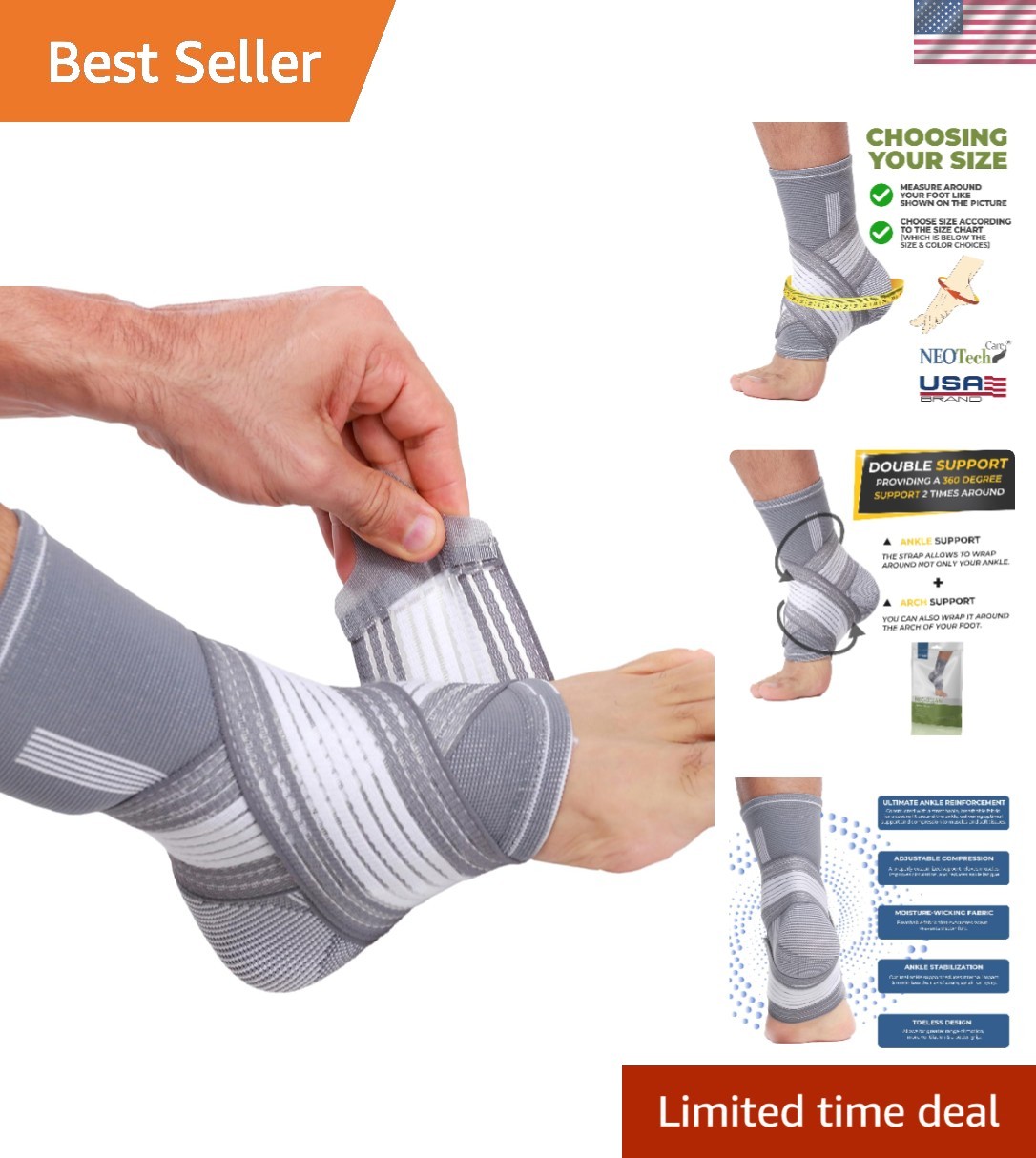 Adjustable Ankle Support Brace Gray, Size M, 1 Unit