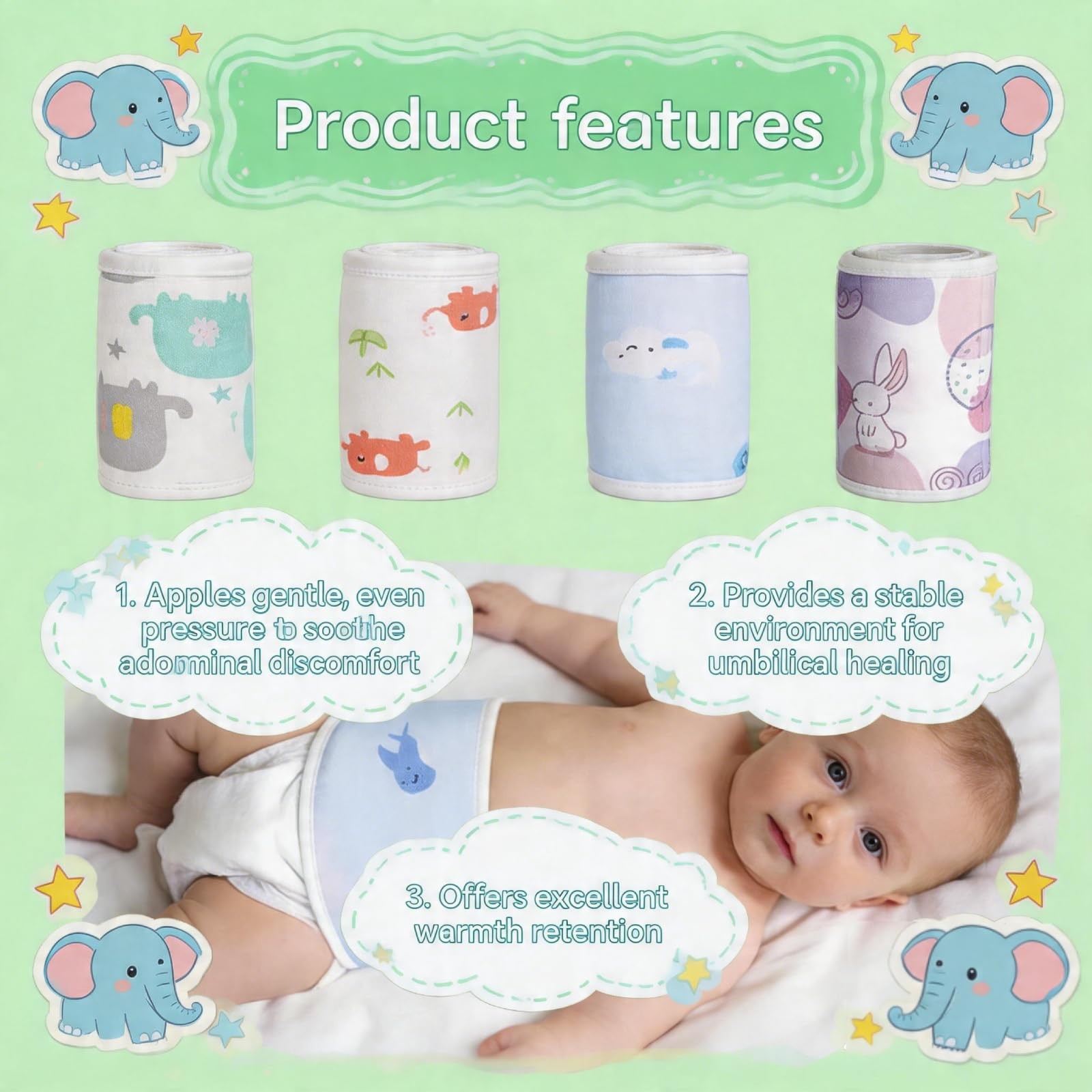 4 PCS Soft Cotton Baby Umbilical Cord Belly Band, Cartoon Pattern Newborn Bel…