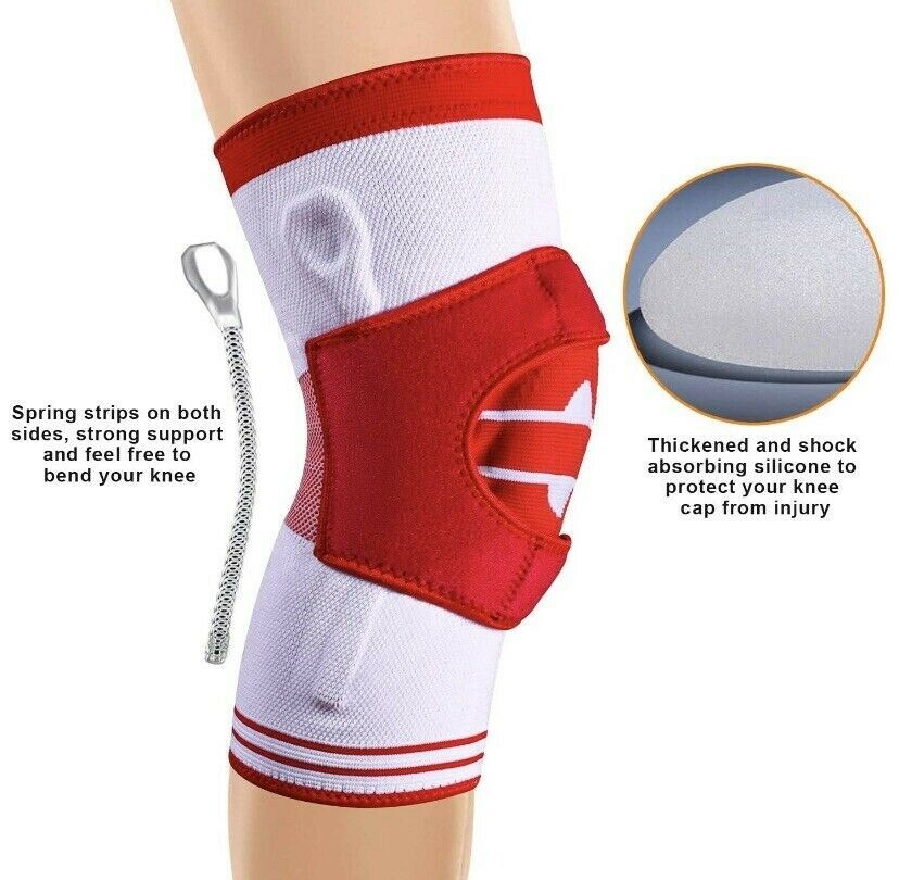 Knee Compression Sleeve Brace w Side Stabilizers, Patella Gel Pads (MEDIUM, Red)
