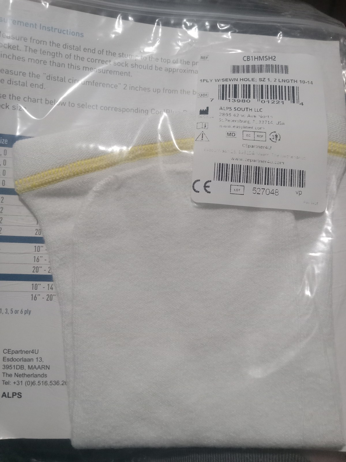 Cool Blue Prosthetic Sock 1 Ply Sewn Hole size 1, 2 L 10-14, CB1HMSH2 Yellow (4)