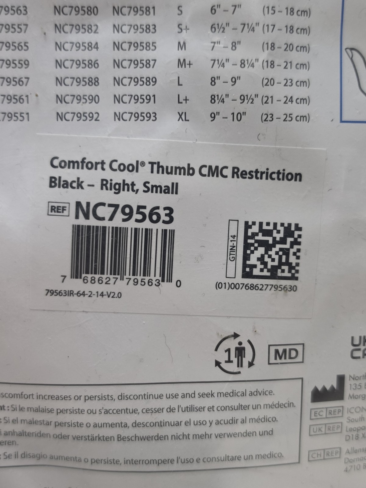 Comfort Cool Thumb CMC Restriction Splint Black, Right, Small, NC79563