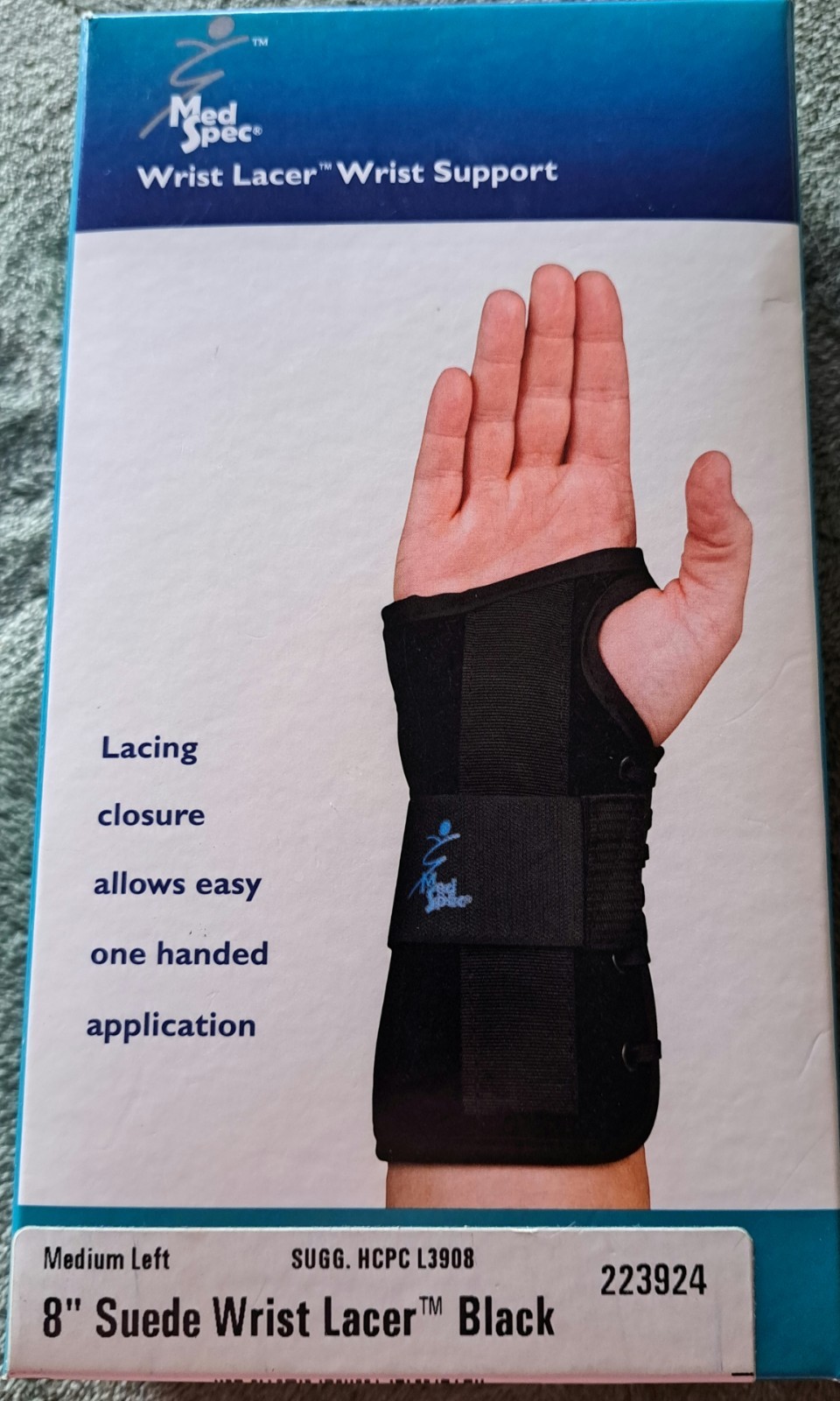 Med Spec Wrist Lacer Wrist Support Brace Lacing Suede Black Medium Left 8in