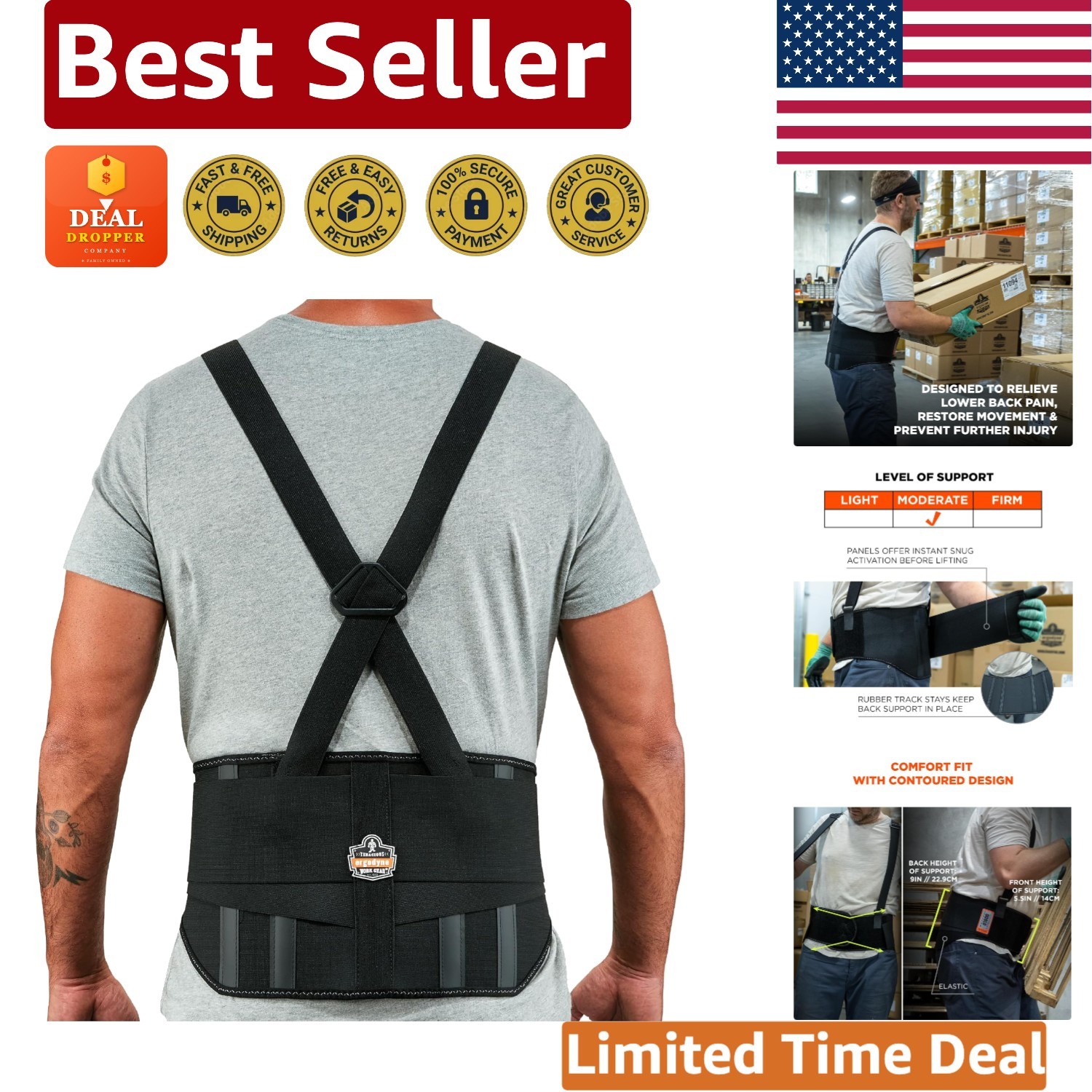 ProFlex 1600 Medium Back Support Brace – 9″ Extra Firm Lumbar Relief in Black