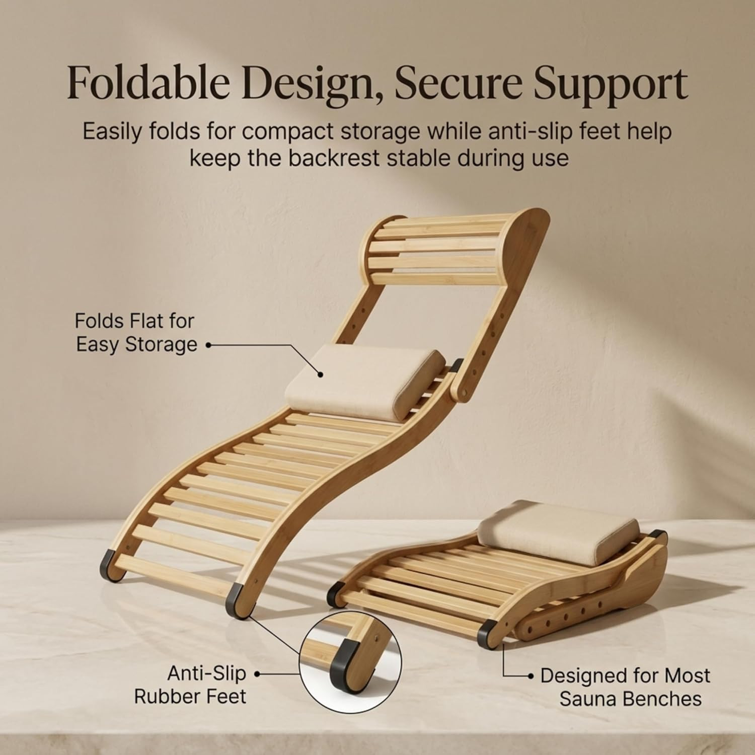 Ergonomic Bamboo Sauna Backrest with Neck Pillow – Adjustable & Foldable Support