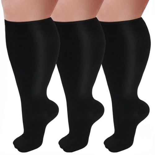 3 Pairs Plus Size Compression Socks for Women and Men Wide XX-Large 01-3 Black