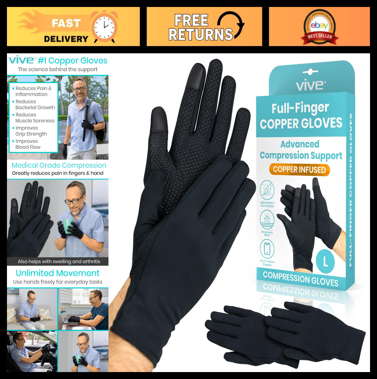 Copper Compression Arthritis Gloves – Full Hand Touchscreen Support for Carpal T