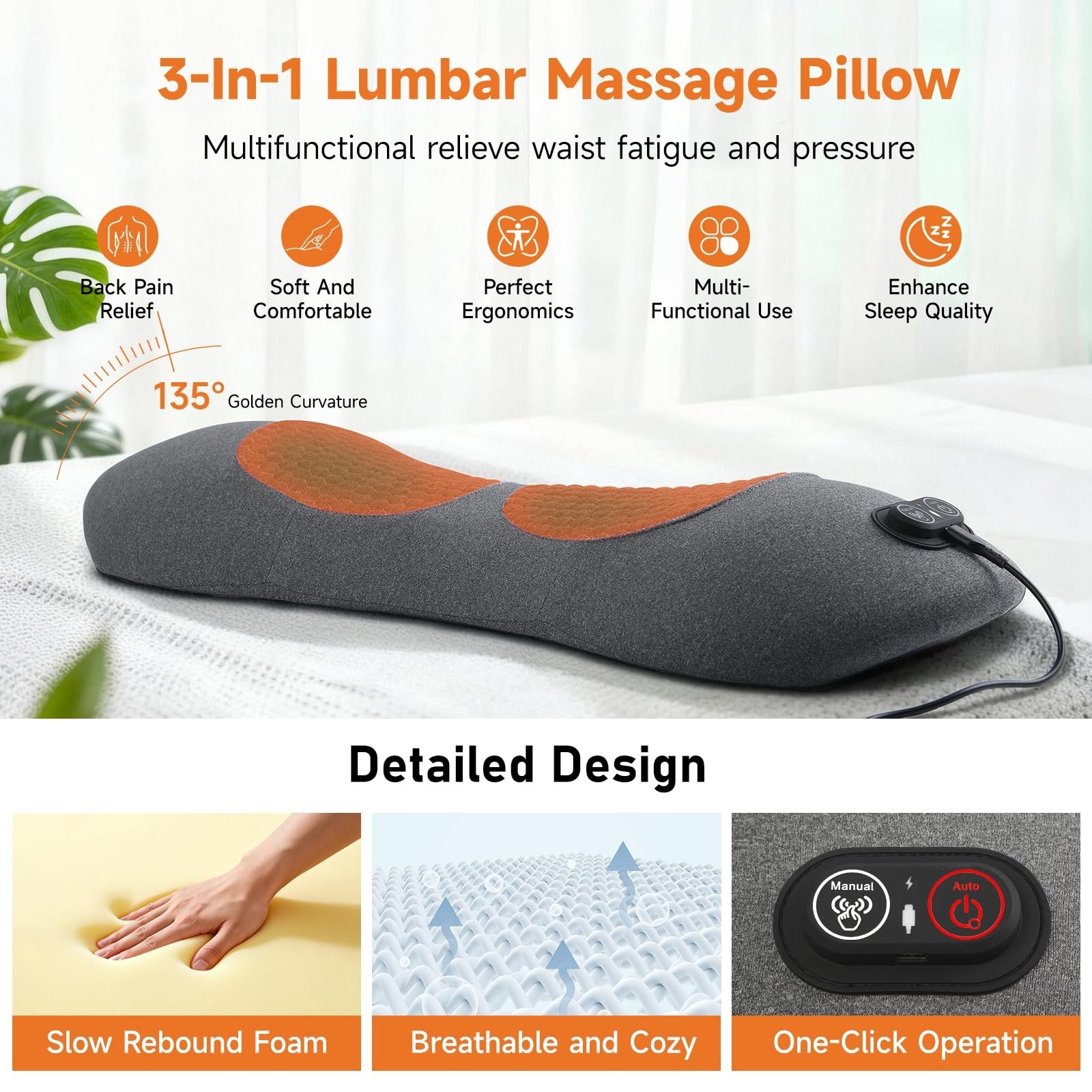3-in-1 Electric Lumbar Support Pillow with Adjustable Height for Bed and Chai…