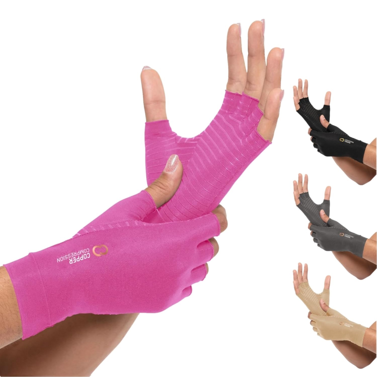 Copper-Infused Compression Fingerless Gloves, Pink – Size M | For Joint Relief