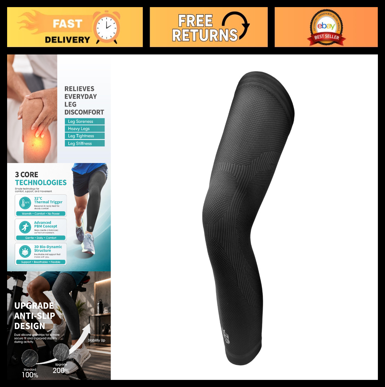 Graphene Full Leg Compression Sleeve for Knee Pain Relief, Swelling & Circulatio