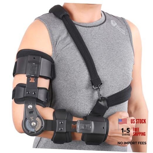 Hinged ROM Elbow Brace – Adjustable Post Op Elbow Brace Stabilizer Right Black