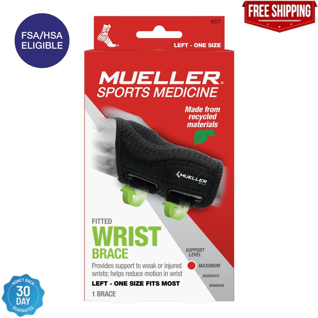 Mueller Green Fitted Wrist Brace, Left Hand, Unisex, One Size Fits Most, Black