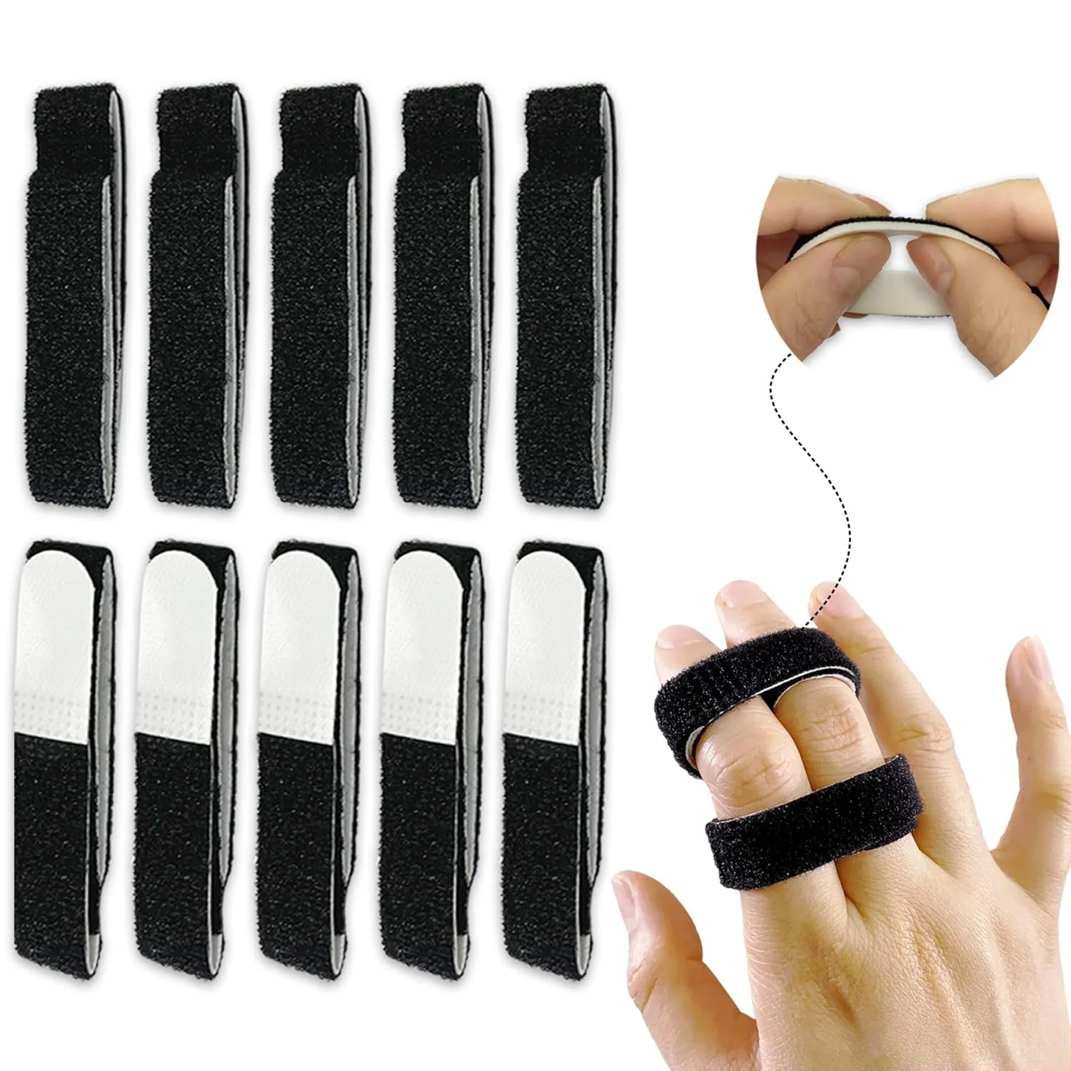 10 Pack Buddy Tape Finger Straps 10 pack black – with padded, Black -10