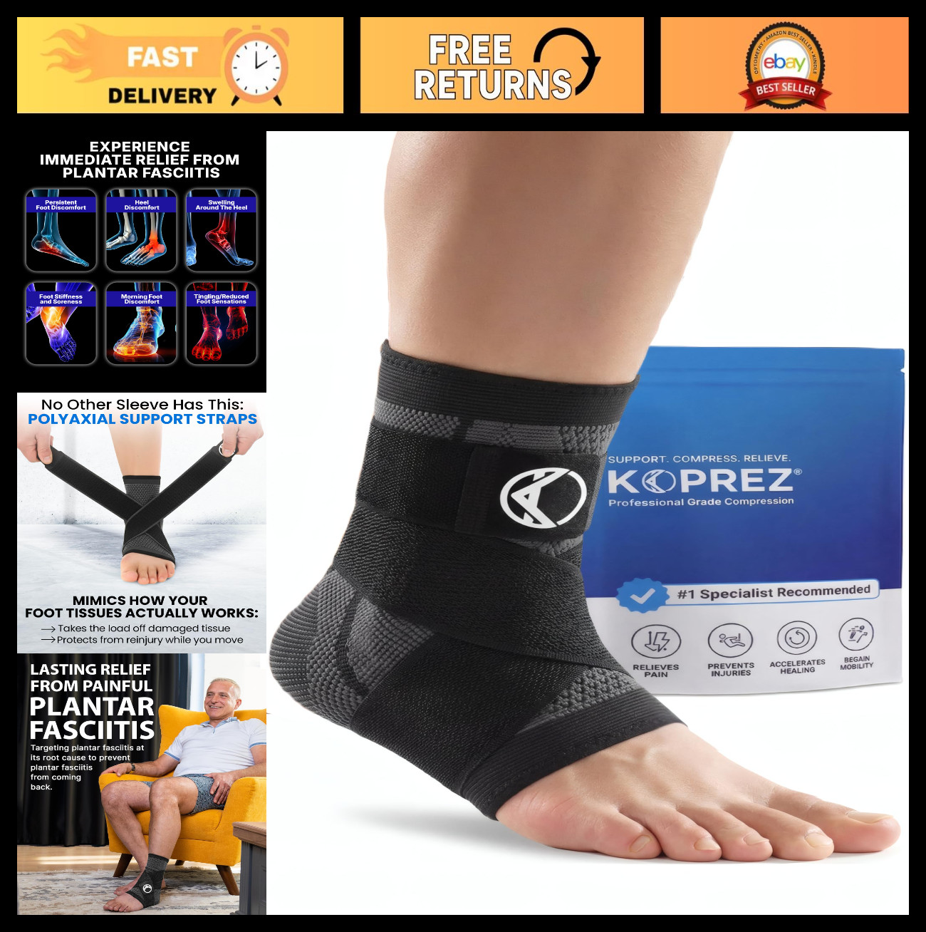 Ankle Compression Sleeve & Brace for Plantar Fasciitis Pain Relief & Support