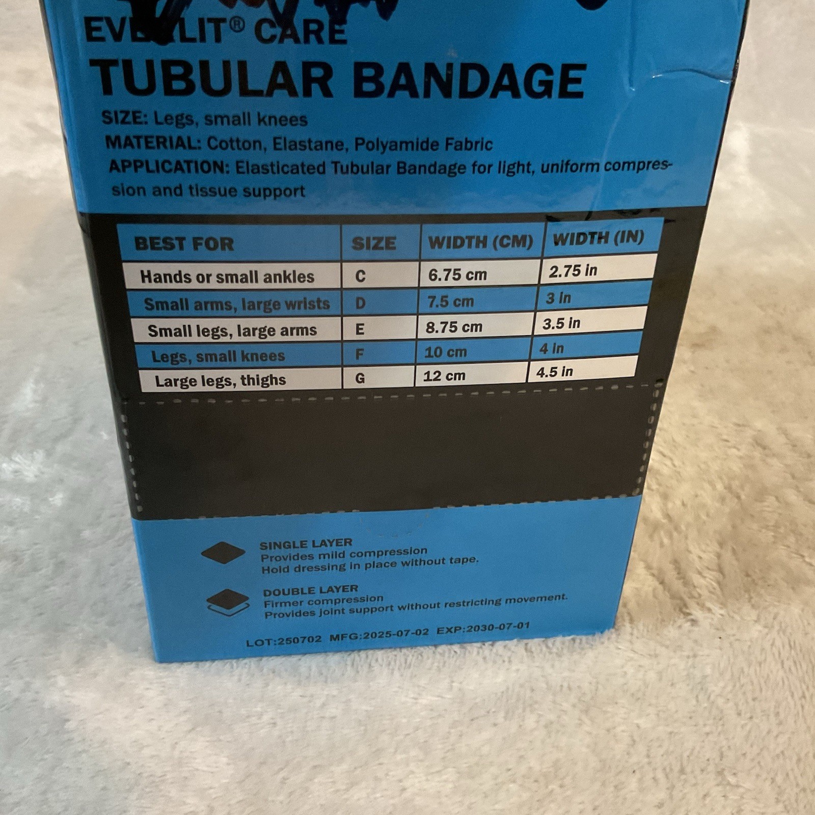 Tubular Bandage Light Compression Open Box Size F 4” X 11 Yds Everlit Care S-M