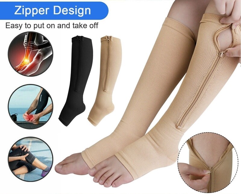 1 Pair 20-30mmHg Men Women Zip Up Compression Socks Open Toe Knee High Support