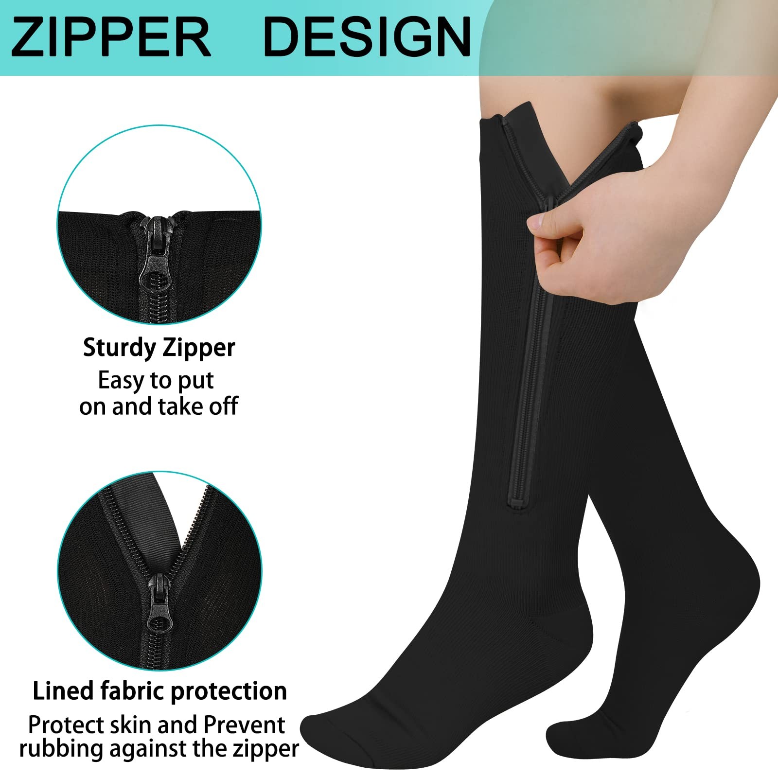 3 Pairs Zipper Compression Socks, 15-20 mmHg Closed Toe Compression Stocking …
