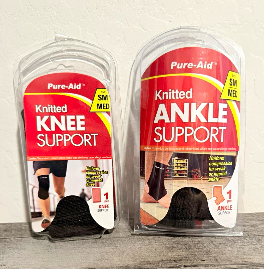 Pure-Aid Knitted Knee & Ankle Support SM/MED Black Breathable Flexible 2-Pack