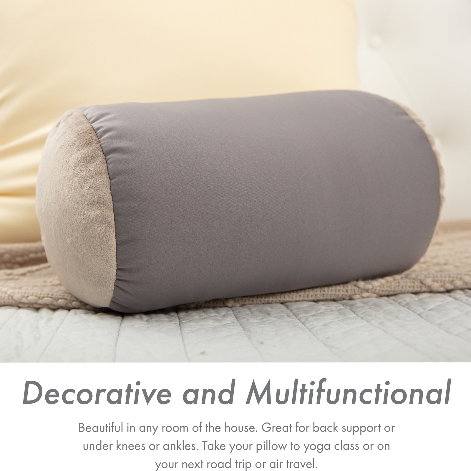 Microbead Bolster Neck Roll Pillow – Silky Feel, 14″ x 8″, Stone Grey