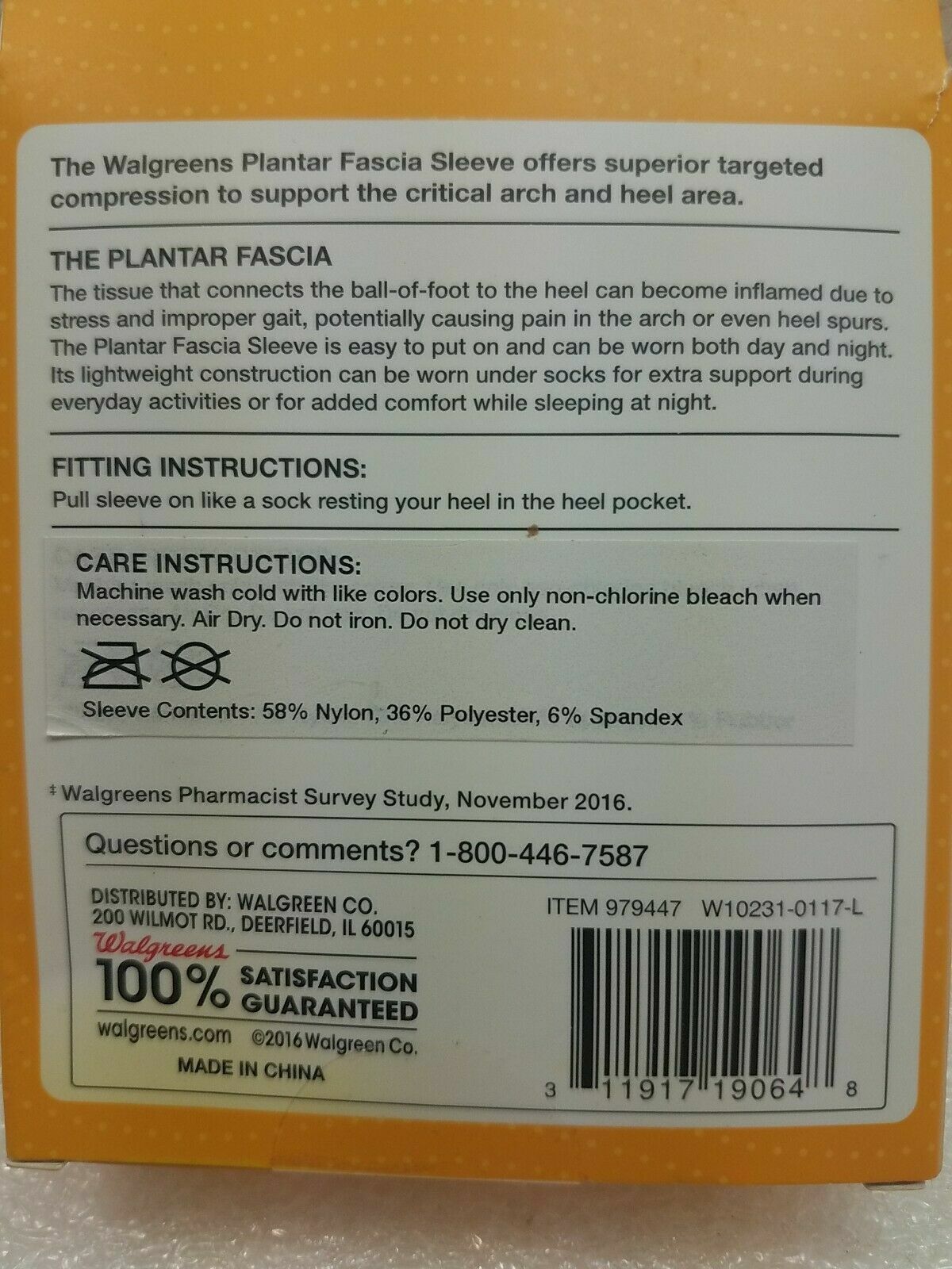 Walgreens Plantar Fascia Sleeves S/M~Mens Size: 8 & Under(Womens 5-10) 2 Sleeves