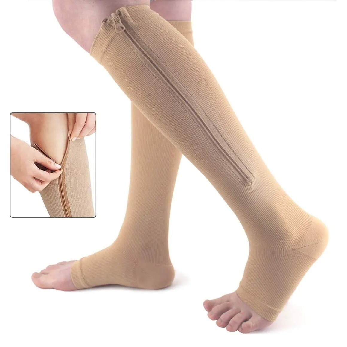 Zipper Open Toe Compression Socks 20-30mmHg Calf Leg Ankle Support Stocking USA